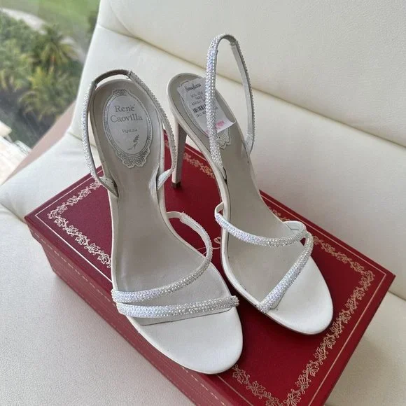 NEW Rene Caovilla Embellished Halter Cocktail Sandals SZ 38 White Crystal - Picture 7 of 9